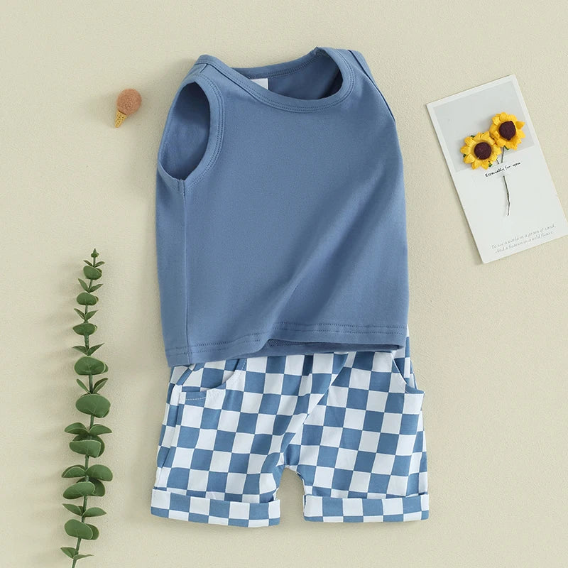 lioraitiin Baby Boy Solid Sleeveless Tank Top Checkered Shorts 2Pcs