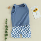 lioraitiin Baby Boy Solid Sleeveless Tank Top Checkered Shorts 2Pcs
