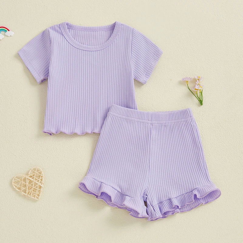 Lioraitiin Toddler Baby Girl Ribbed Outfit Solid Color Short Sleeve