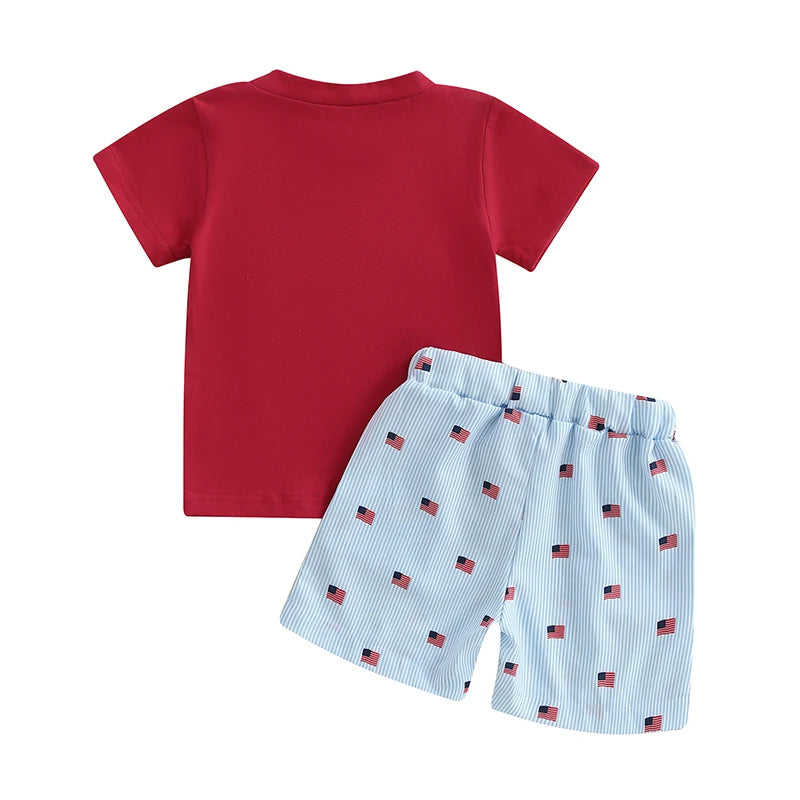 Lioraitiin Baby Boys Patriotic Outfits Flag Embroidery Short Sleeves