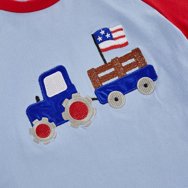 Lioraitiin Baby Boys Patriotic Outfits Tractor Embroidery Short