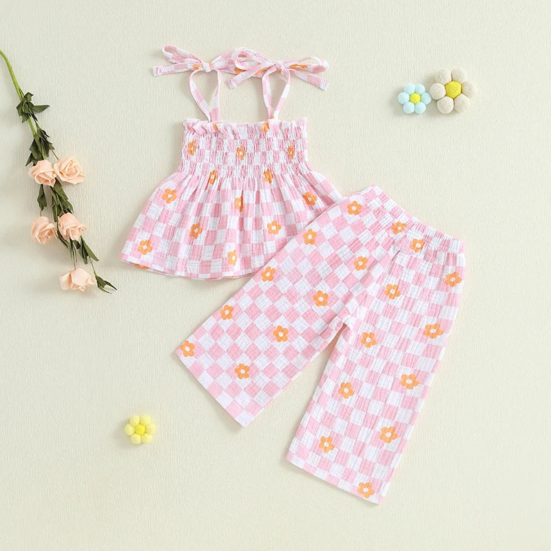 Lioraitiin Toddler Girl Outfits Plaid/Dot Print Spaghetti Strap Tank
