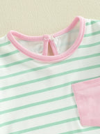 Lioraitiin Baby Girl Striped Romper Ruffle Trim Short Sleeve Crewneck