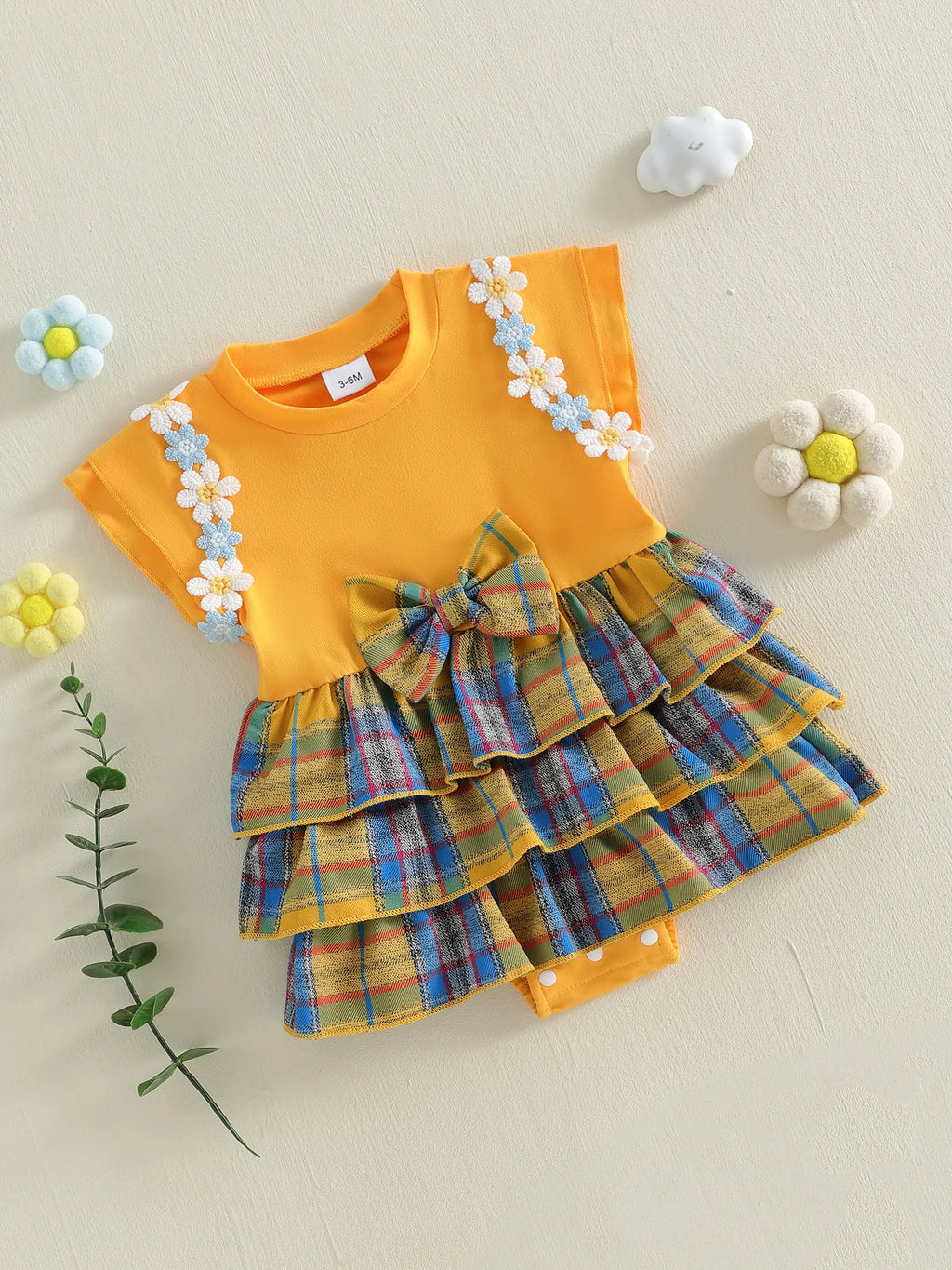 Lioraitiin Baby Girls Rompers Floral Embroidery Plaid Ruffles Skirt