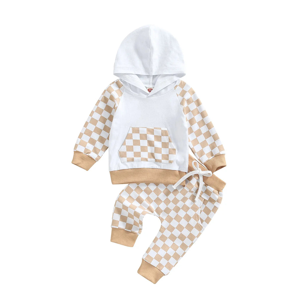Lioraitiin 0-4Years Girl Boy Outfit 2Pcs Set Plaid Long Sleeve Hoodie