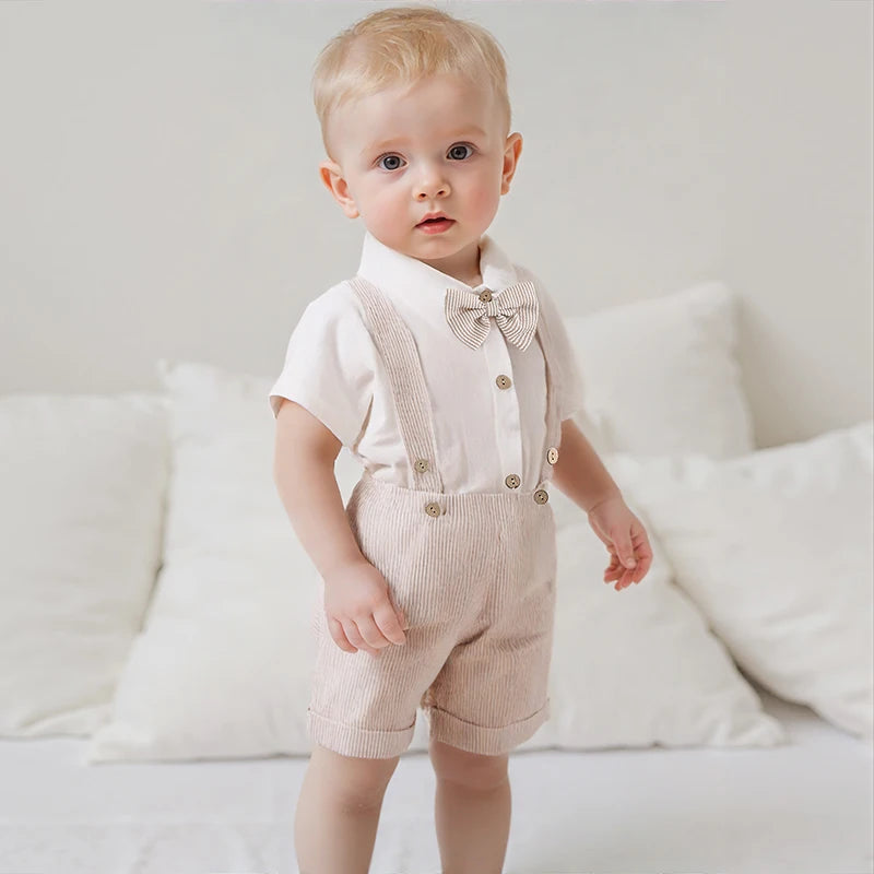 Lioraitiin Baby Boy Gentleman Outfit Solid Color Short Sleeve Lapel