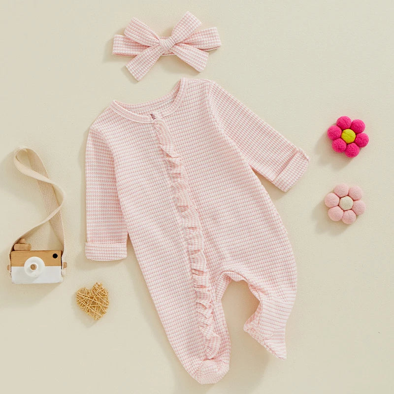 Lioraitiin Baby Girls Footies Rompers Stripe Print Round Neck Ruffles