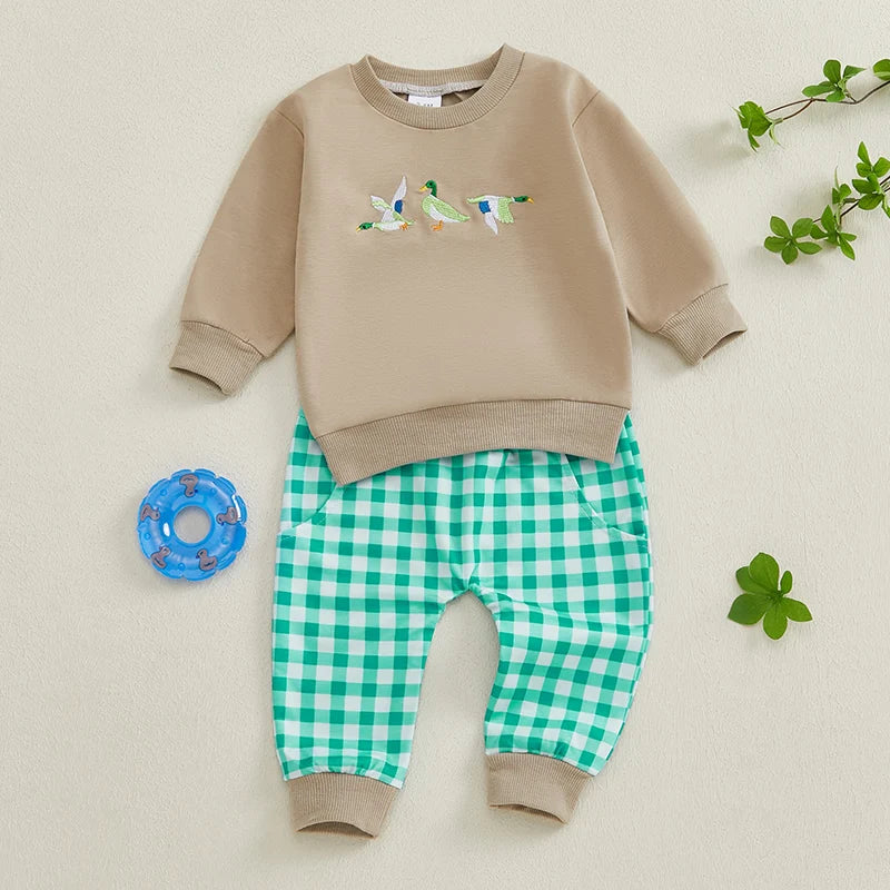 Lioraitiin Toddler Baby Boy Girl Duck Long Sleeve Sweatshirt Plaid