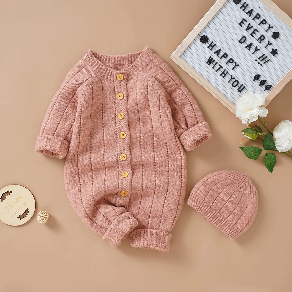 Lioraitiin Infant Jumpsuit and Cap, Solid Color Long Sleeve