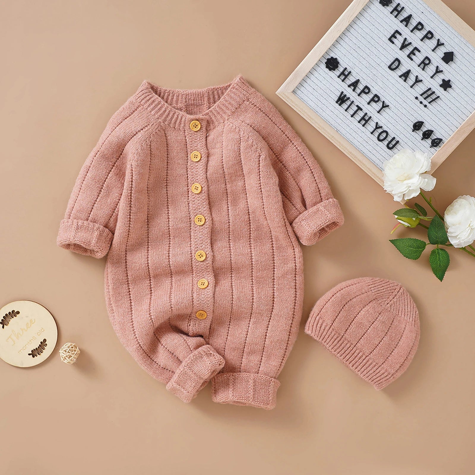 Lioraitiin Infant Jumpsuit and Cap, Solid Color Long Sleeve
