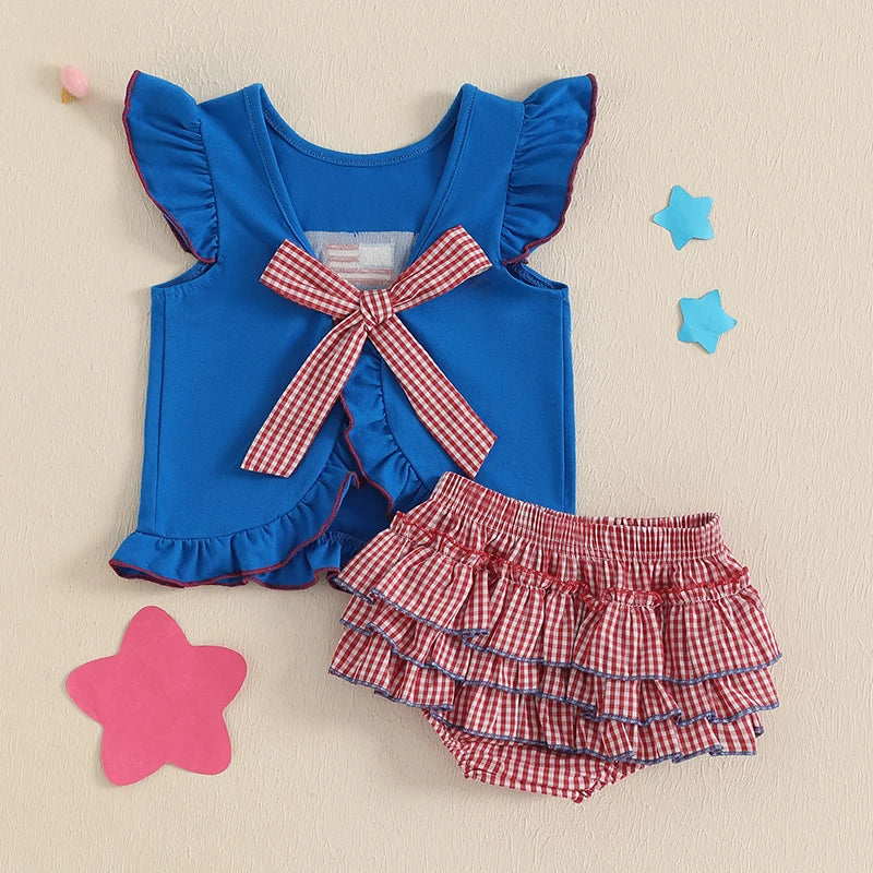 Lioraitiin Baby Girls Independence Day Shorts Sets Short Sleeve Flag