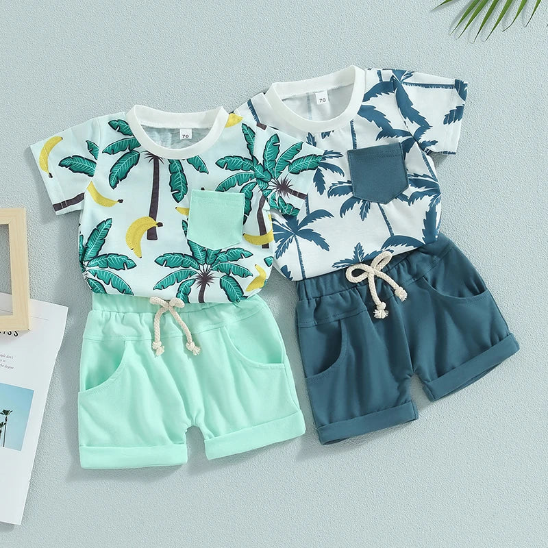 Lioraitiin 0-3Years Toddler Baby Boy 2Pcs Beach Tree Print Short