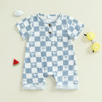 Lioraitiin Newborn Baby Boy Romper Short Sleeve Round Neck Checkered