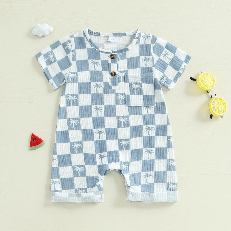Lioraitiin Newborn Baby Boy Romper Short Sleeve Round Neck Checkered