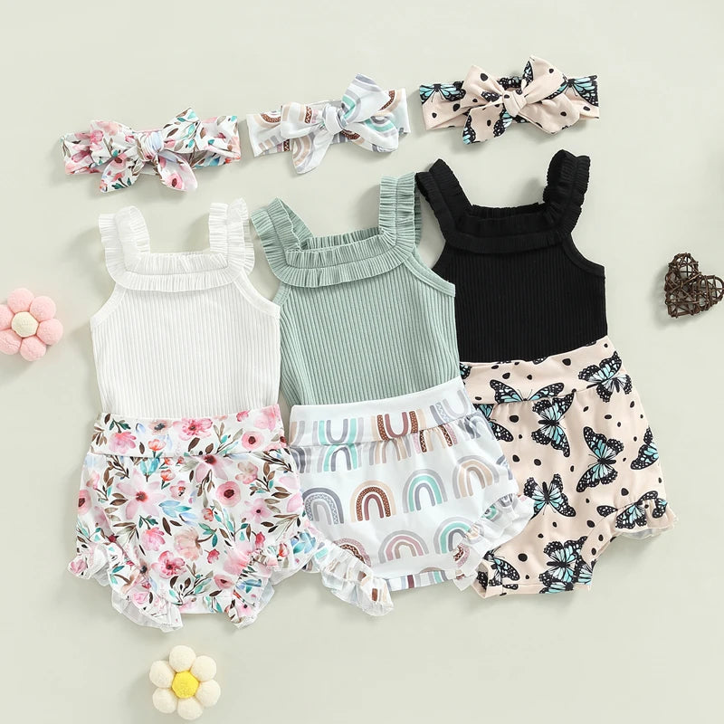 Lioraitiin 0-18M Infant Baby Girls Shorts Set Sleeveless Romper