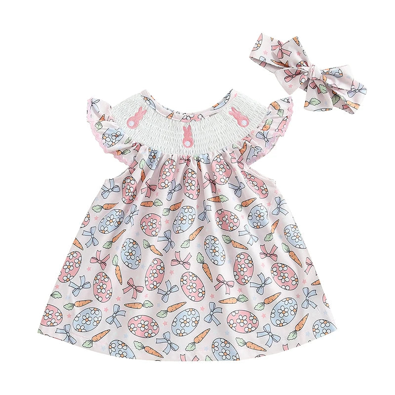 Lioraitiin Toddler Girls Dress Rabbit/Easter Eggs Print Fly Sleeve