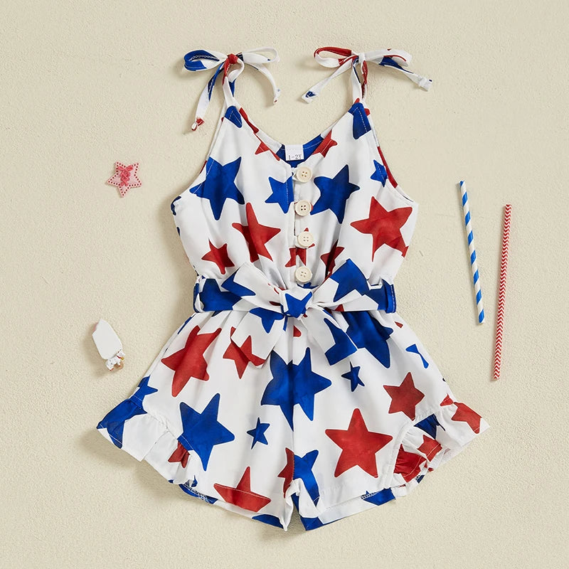 Lioraitiin Kid Girl 4th of July Overalls Shorts Bow/Popsicle Print