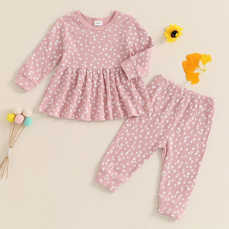 Lioraitiin 1-5Y Toddler Girl Outfits Floral Print Crew Neck Long