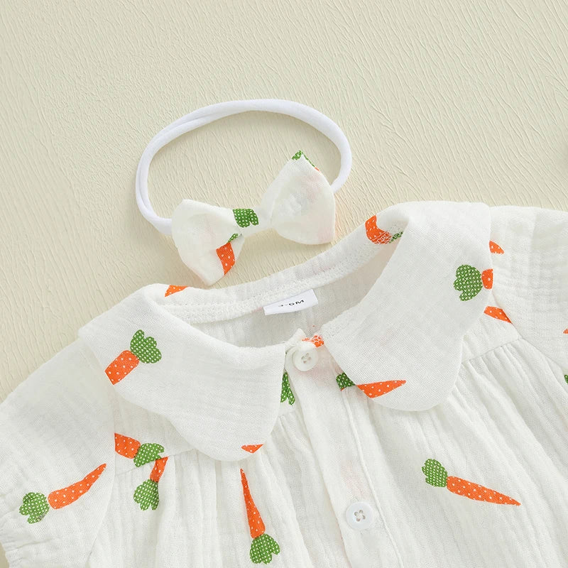 Lioraitiin Baby Girls Rompers Easter Carrot Print Doll Collar Short