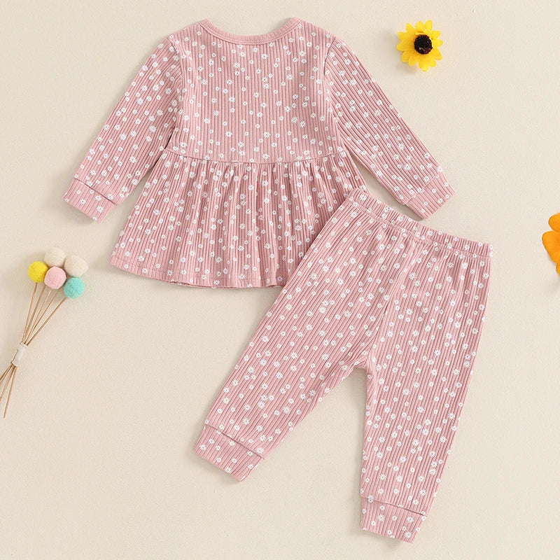 Lioraitiin 1-5Y Toddler Girl Outfits Floral Print Crew Neck Long