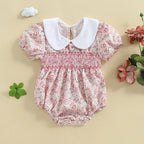 Lioraitiin Newborn Baby Girl Romper Short Sleeve Doll Collar Floral