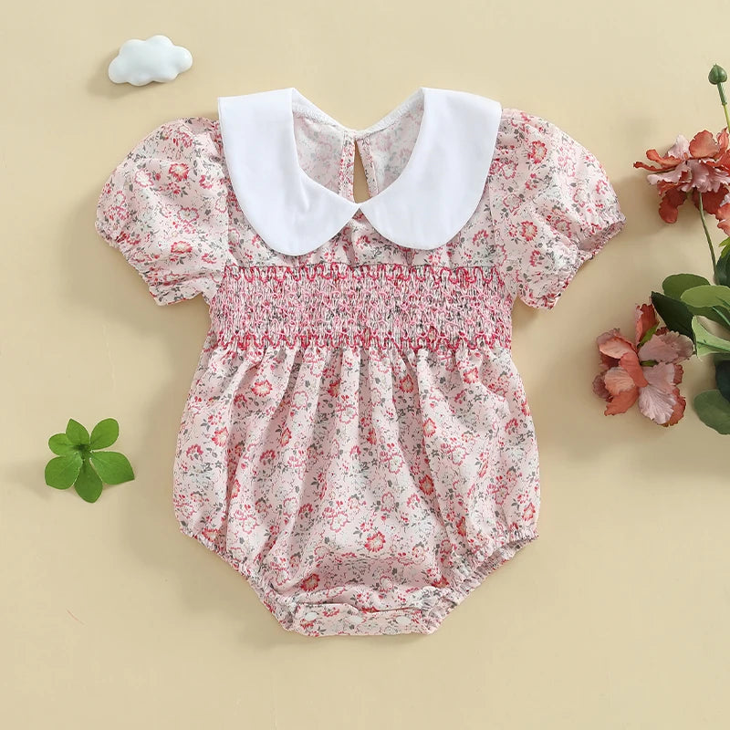 Lioraitiin Newborn Baby Girl Romper Short Sleeve Doll Collar Floral