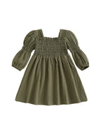 Lioraitiin Toddler Girl Bubble Sleeve Dress Stylish Solid Smocked