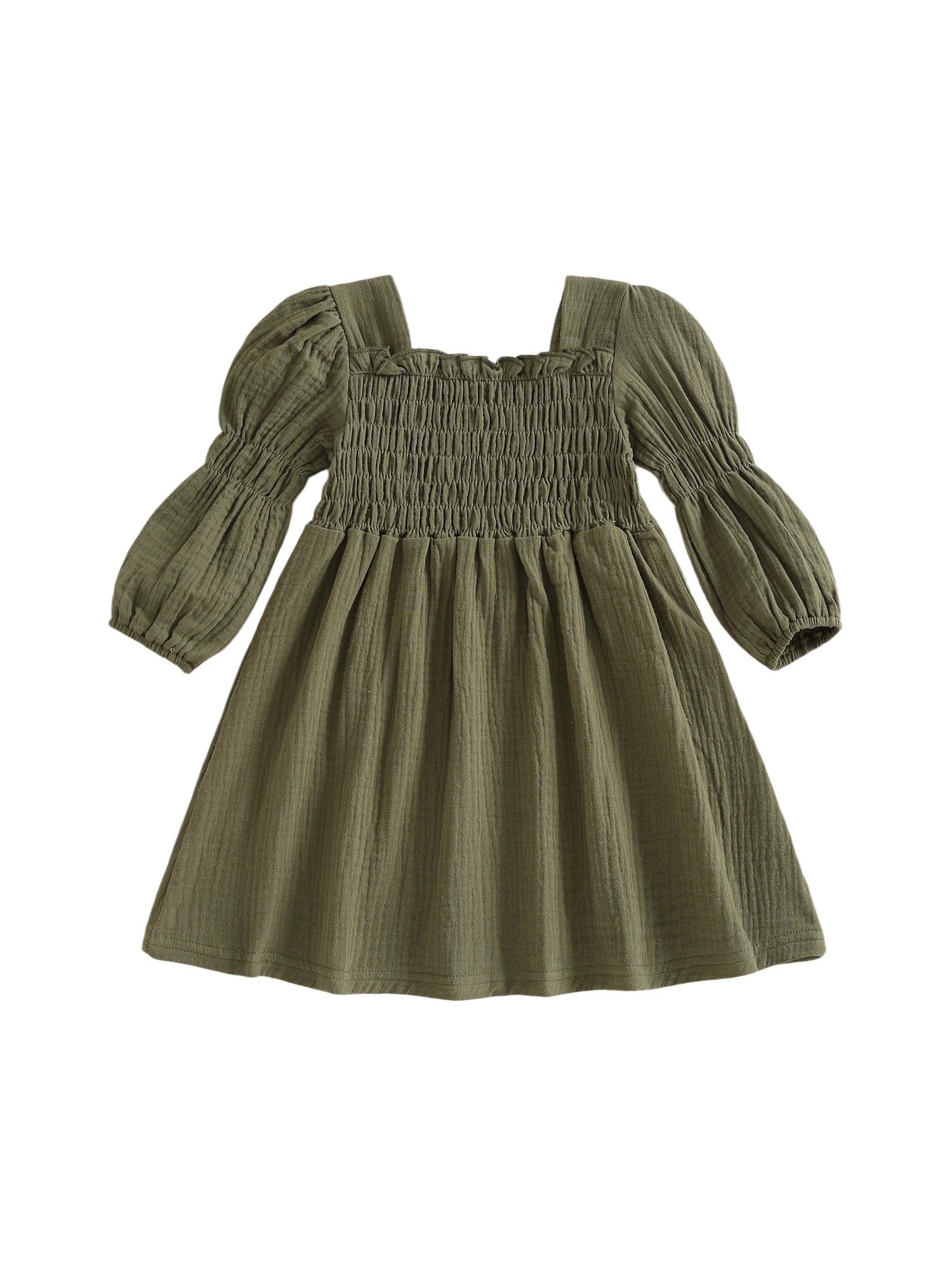 Lioraitiin Toddler Girl Bubble Sleeve Dress Stylish Solid Smocked