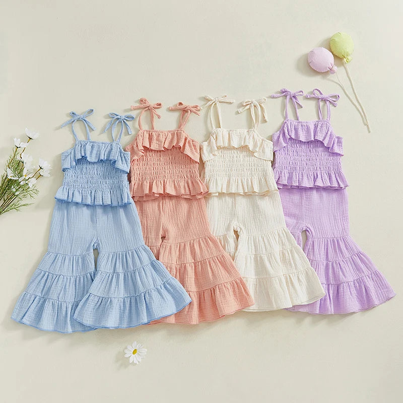 Lioraitiin Toddler Girl Set Sleeveless Smocked Lacing Strap Camisole