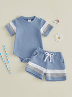 Lioraitiin Baby Boys Sets Fashionable Stripe Trim Short Sleeve Romper