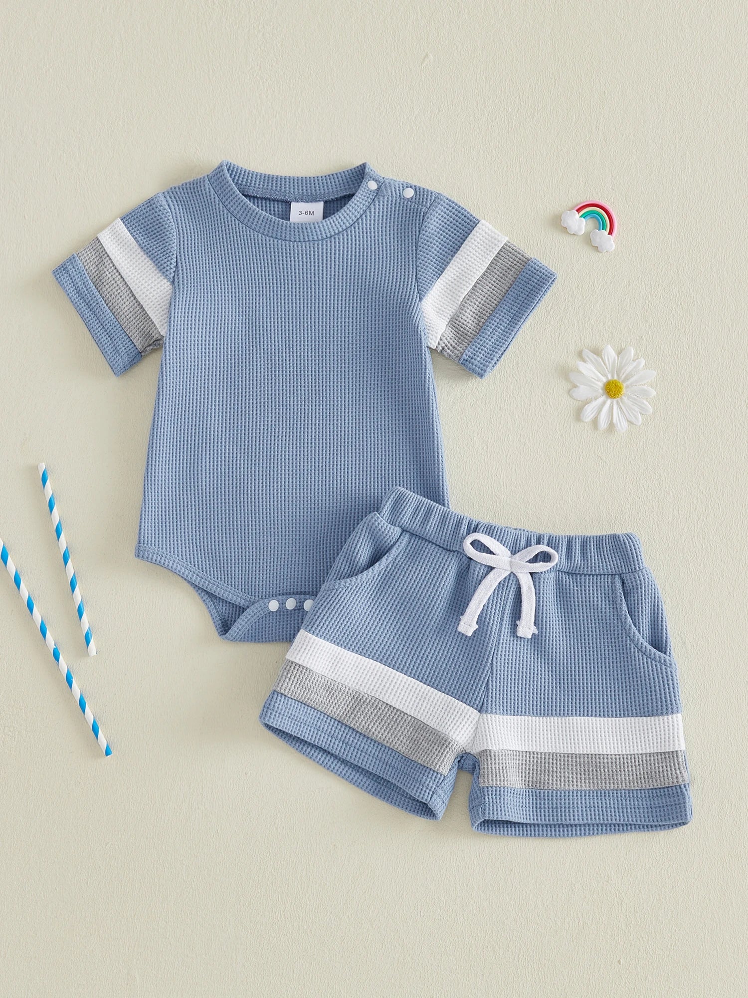 Lioraitiin Baby Boys Sets Fashionable Stripe Trim Short Sleeve Romper