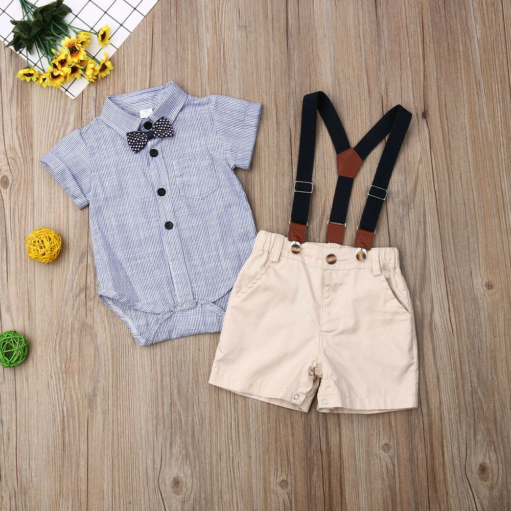 Lioraitiin Newborn Boys Stripe Short Sleeve Gentleman 2PCS Set Romper