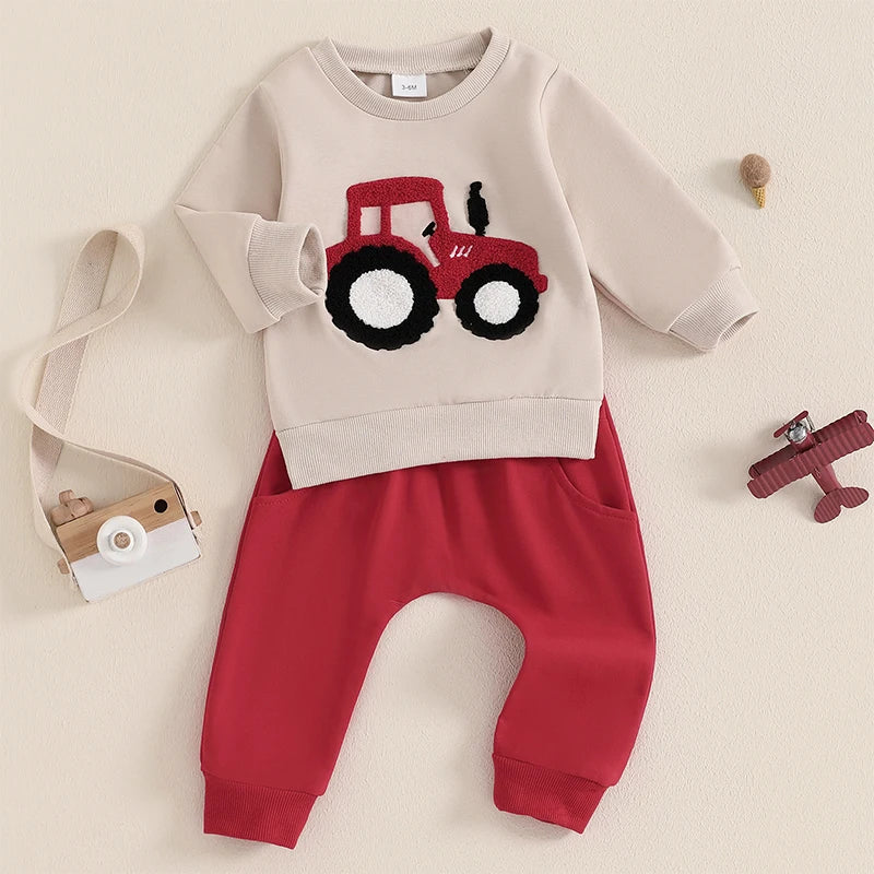 Lioraitiin Toddler Boy Outfits Tractor Embroidery Long Sleeve