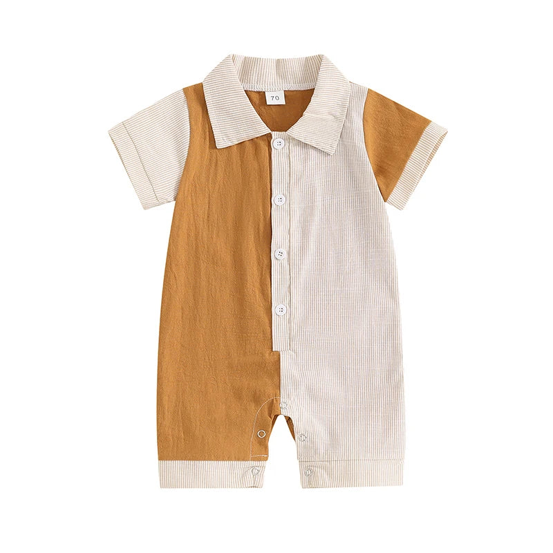 Lioraitiin Baby Boy Jumpsuit Short Sleeve Lapel Collar Stripes Print