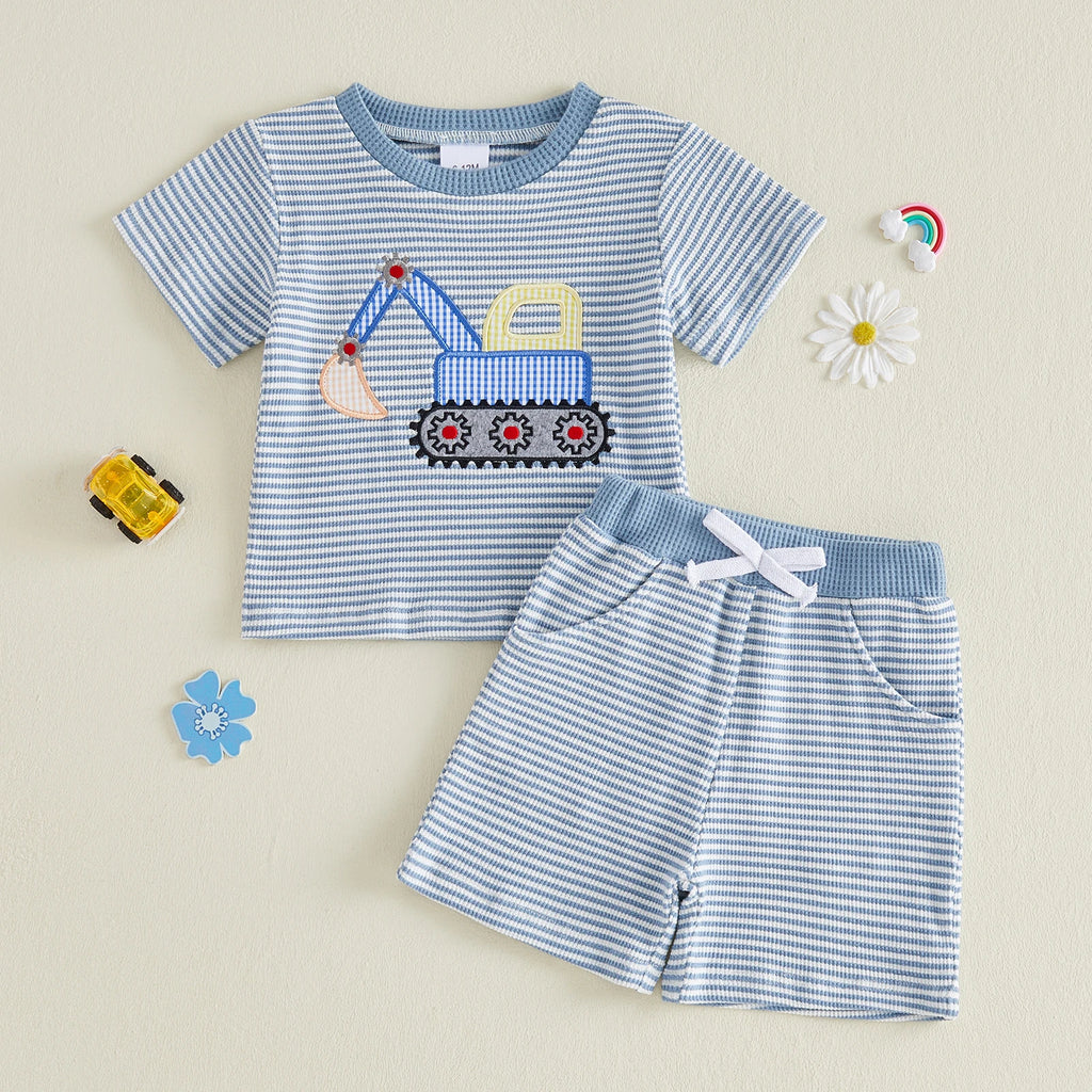 Toddler Baby Boy Outfit Excavator Embroidered Striped Short Sleeve
