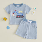 Toddler Baby Boy Outfit Excavator Embroidered Striped Short Sleeve