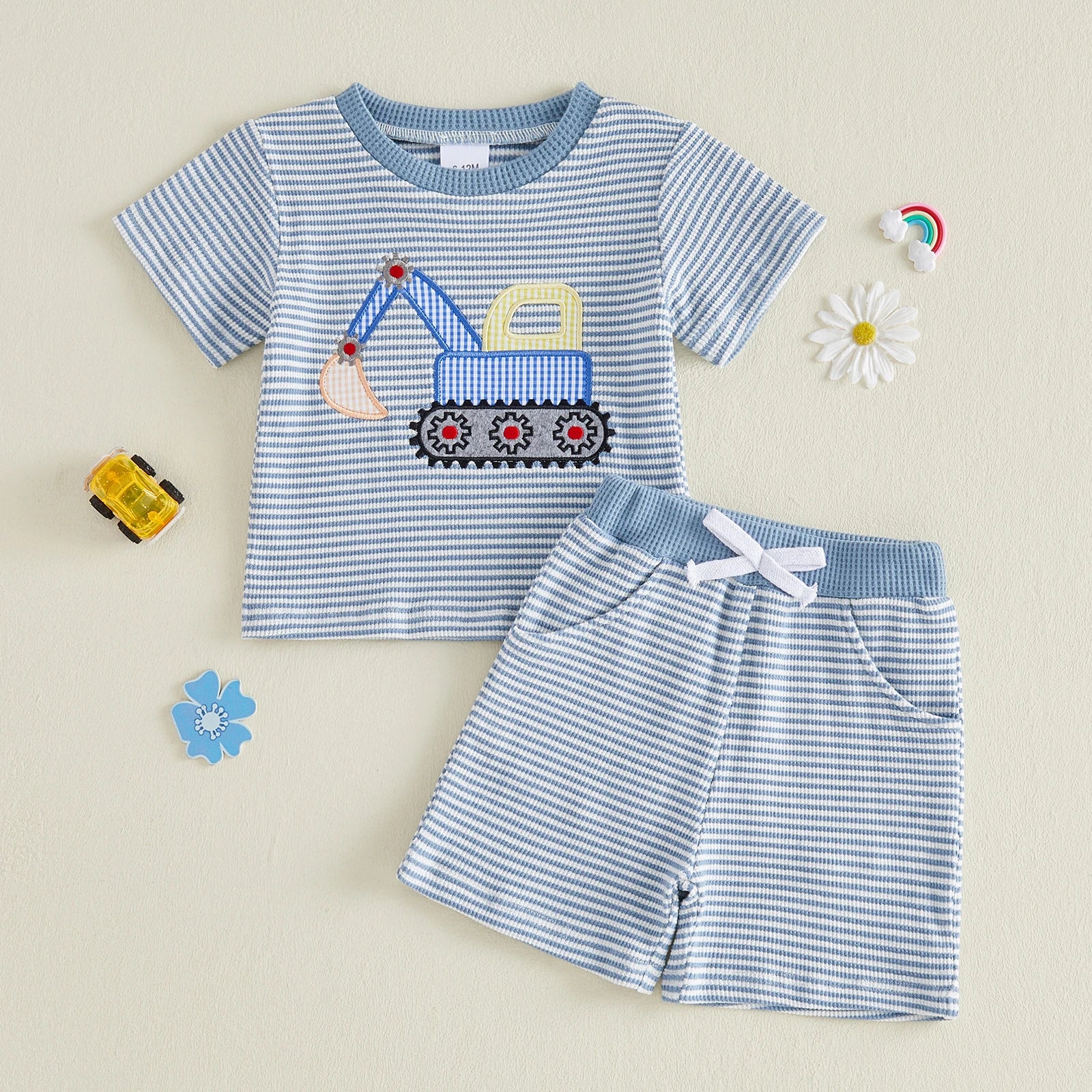 Toddler Baby Boy Outfit Excavator Embroidered Striped Short Sleeve